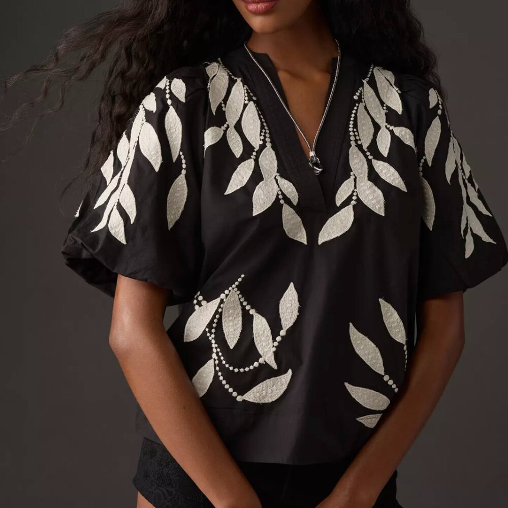 Anthropologie Black and White Leaf Blouse